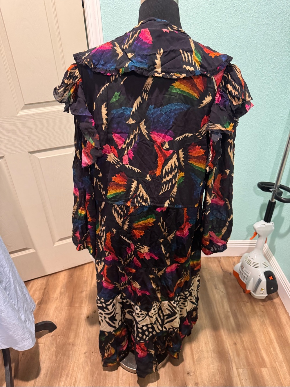 FARM Rio Black Macaws Flight Ankle Dress Black Multi-Color Printed Tie- - Picture 4 of 5